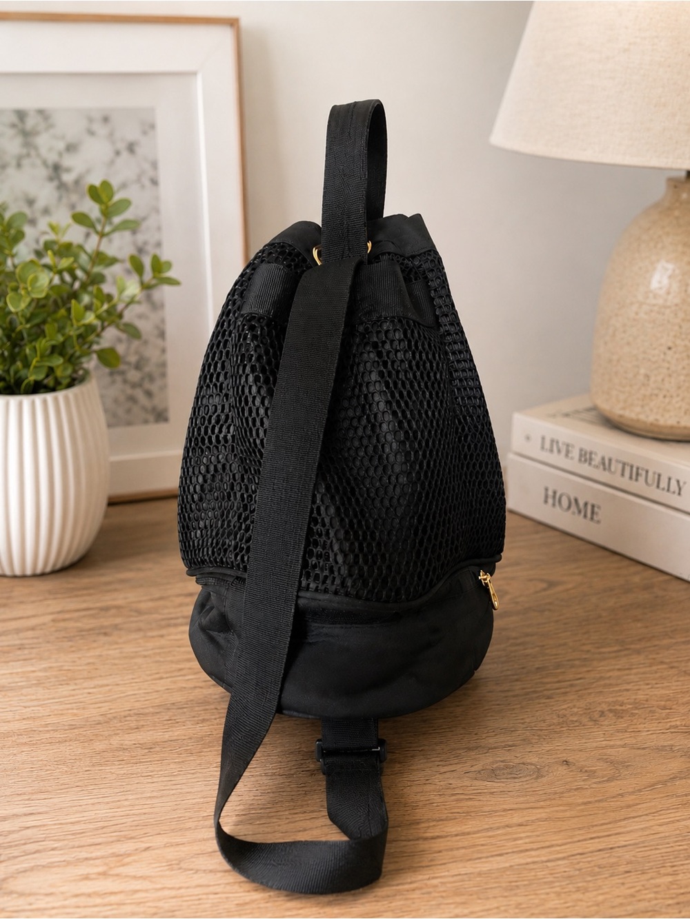 Juicy Couture Black Mesh Drawstring Backpack | Zip-Bottom Compartment | Y2K - Picture 2 of 11